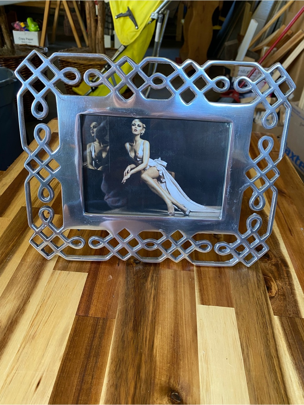 Zodax Silver Polished Metal Geometric Ornate 6.25x4.5 Photo Frame Freestanding